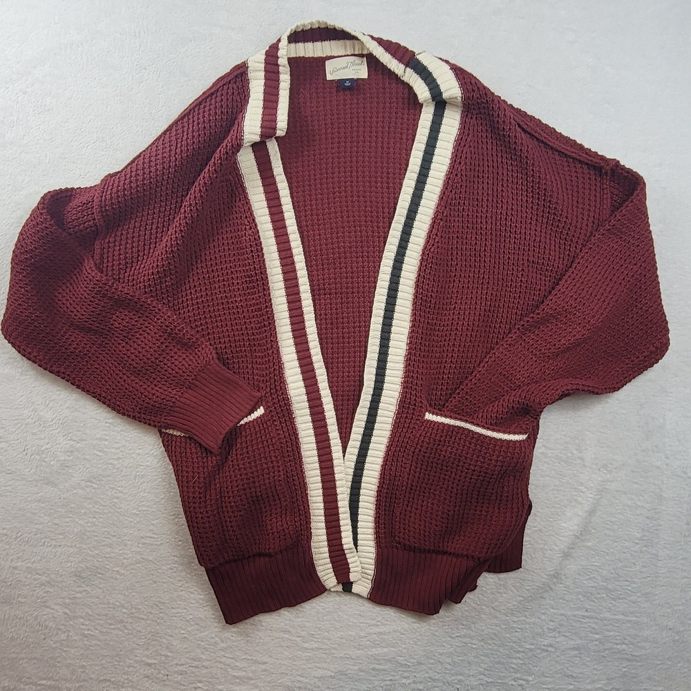Universal Thread Burgundy Waffle Knit Varsity Striped Cardigan Sweater Medium